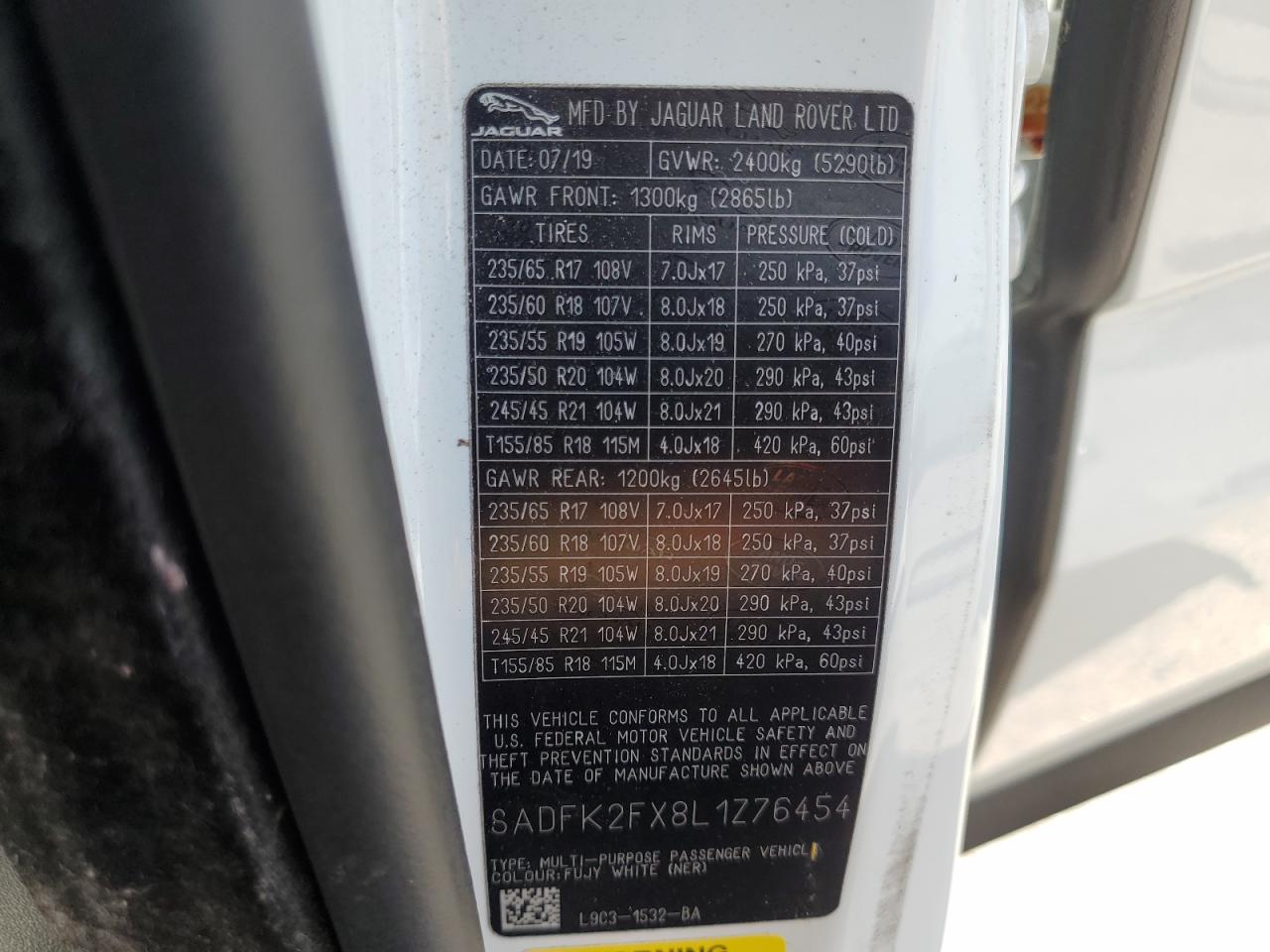 2020 Jaguar E-Pace VIN: SADFK2FX8L1Z76454 Lot: 81557765