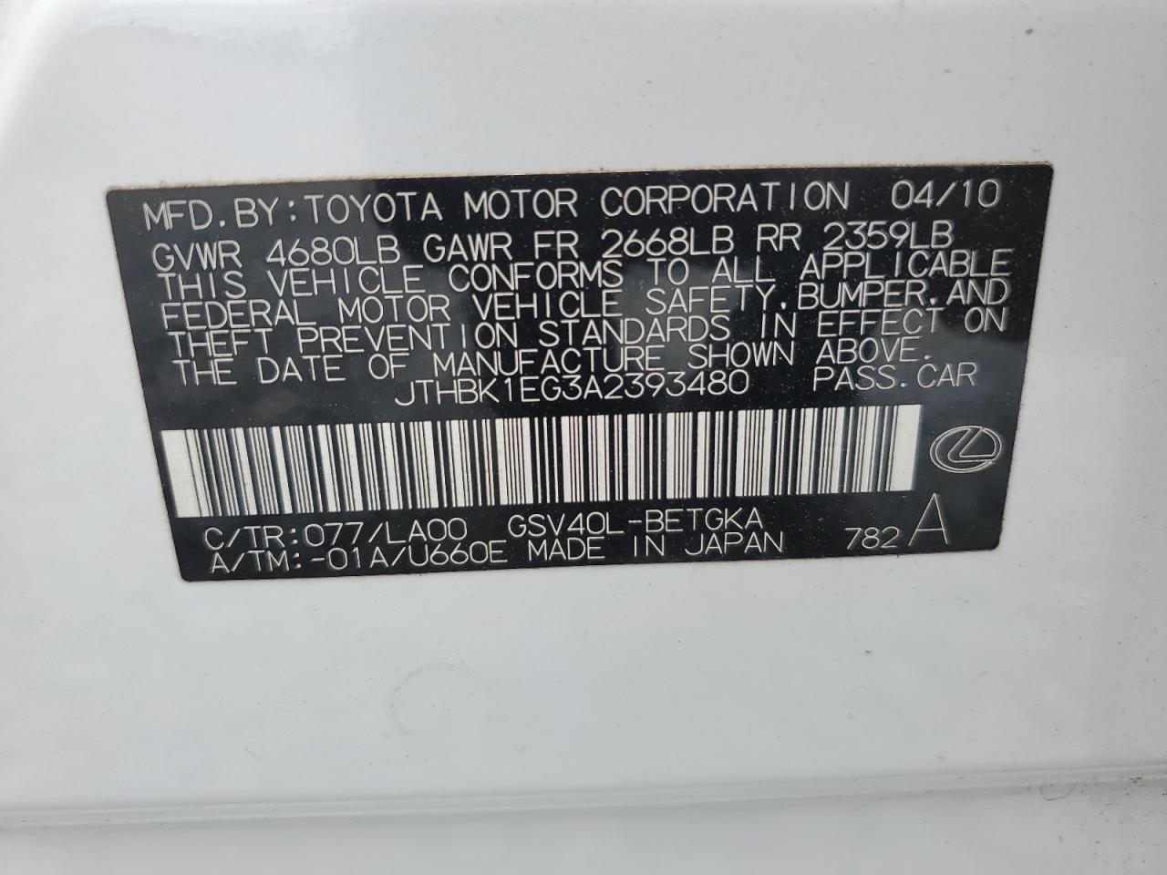 2010 Lexus Es 350 VIN: JTHBK1EG3A2393480 Lot: 80948005