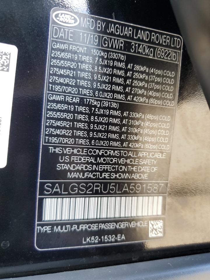 2020 Land Rover Range Rover Hse VIN: SALGS2RU5LA591587 Lot: 81016395