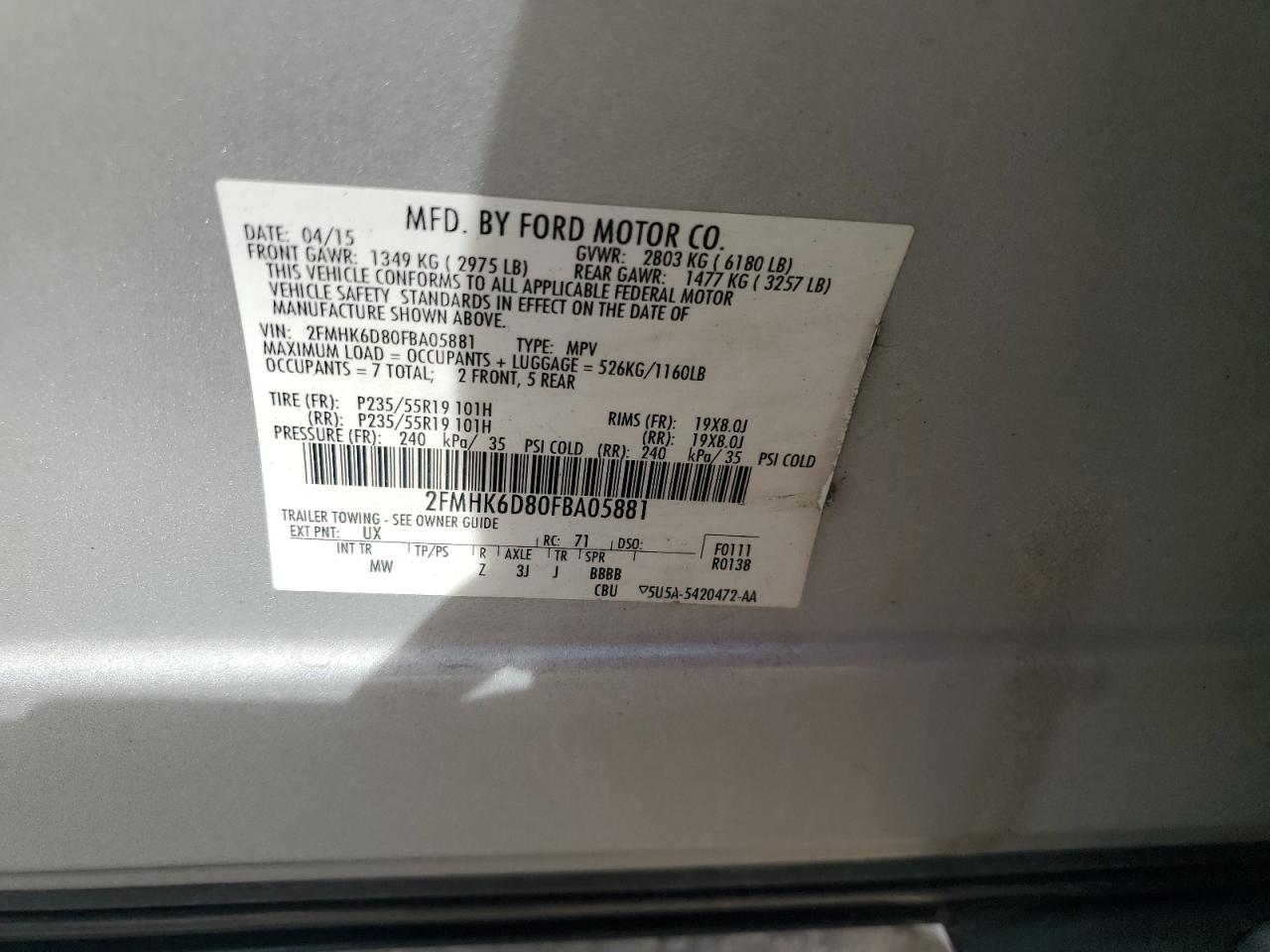 2015 Ford Flex Limited VIN: 2FMHK6D80FBA05881 Lot: 80225205