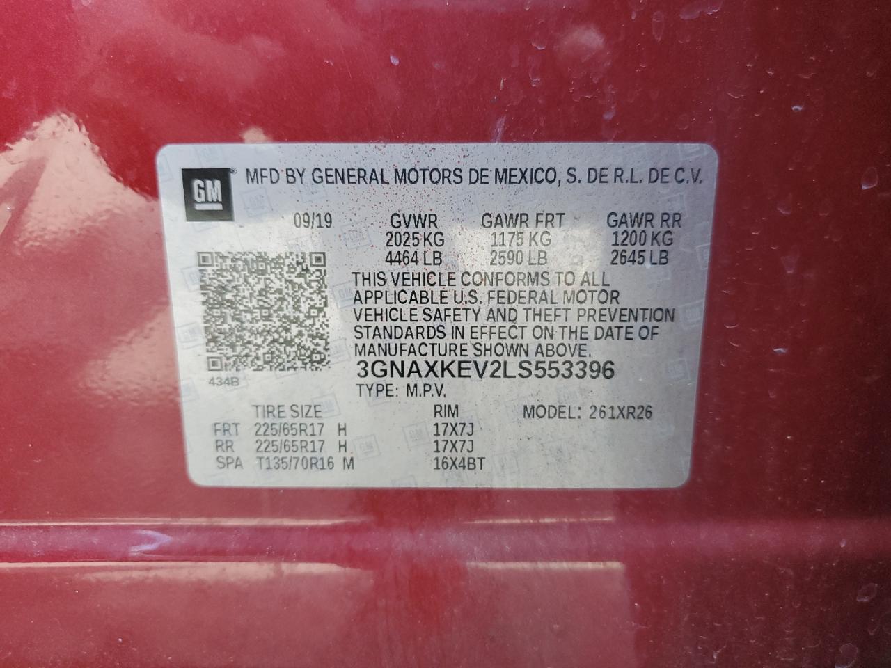 2020 Chevrolet Equinox Lt VIN: 3GNAXKEV2LS553396 Lot: 80502825