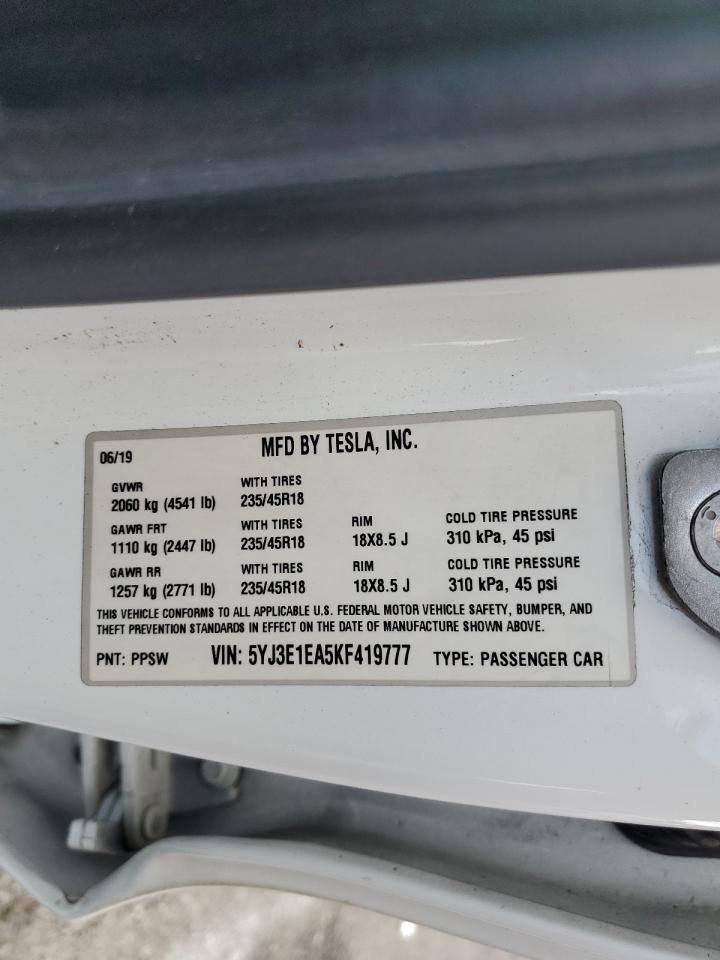 2019 Tesla Model 3 VIN: 5YJ3E1EA5KF419777 Lot: 71905965