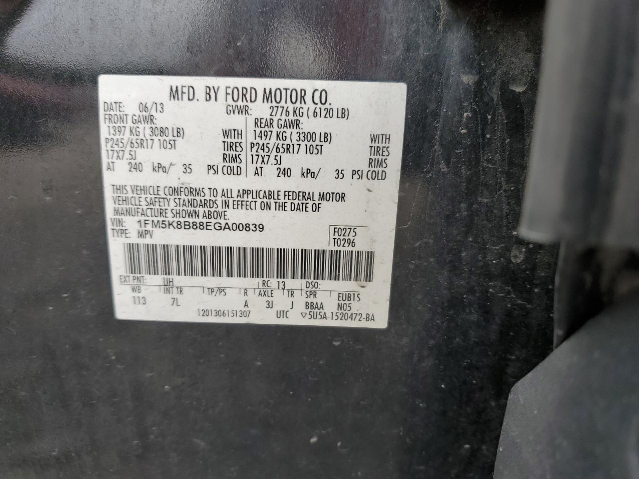 2014 Ford Explorer VIN: 1FM5K8B88EGA00839 Lot: 81210075