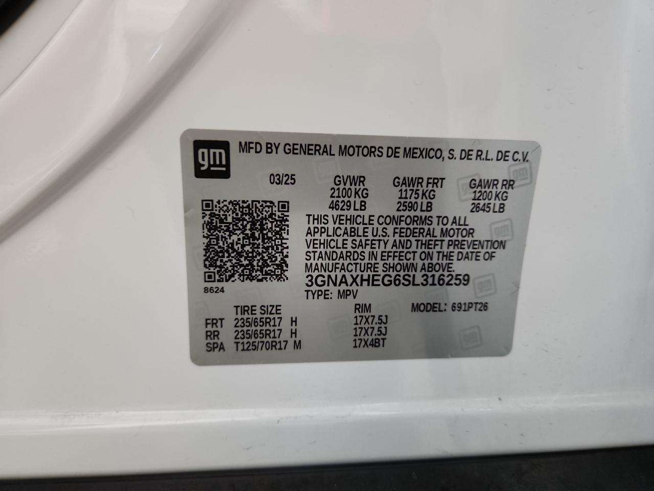 2025 Chevrolet Equinox Lt VIN: 3GNAXHEG6SL316259 Lot: 84428155