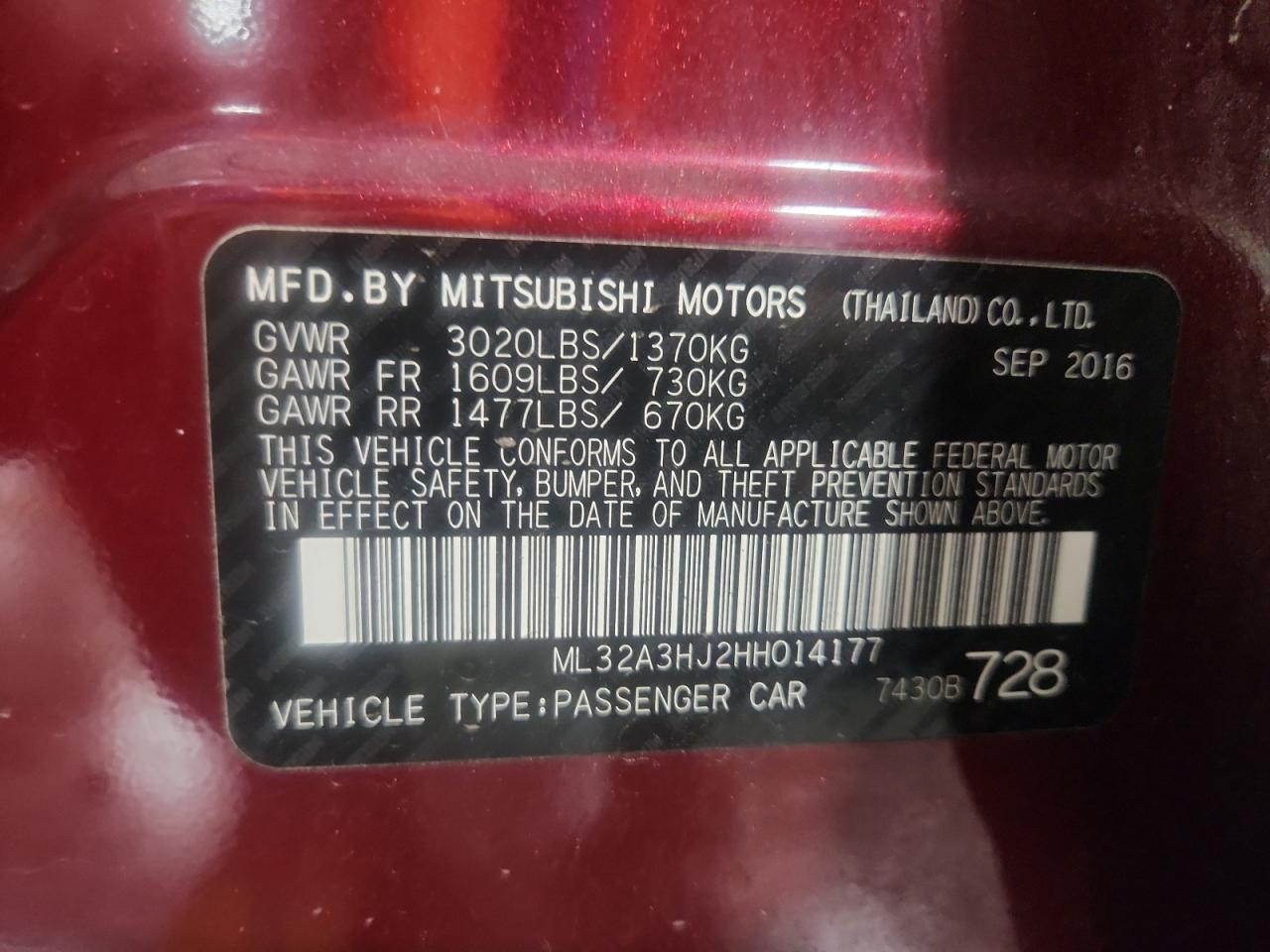 2017 Mitsubishi Mirage Es VIN: ML32A3HJ2HH014177 Lot: 80870015