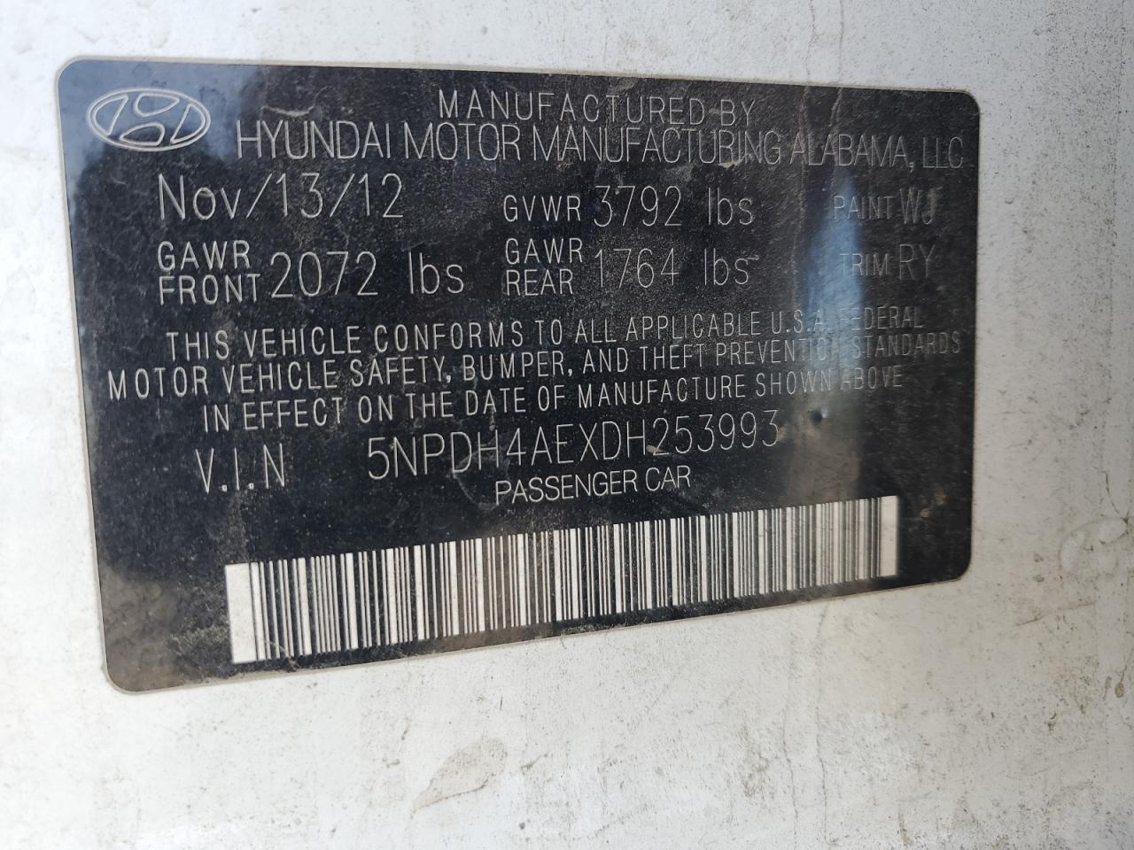 2013 Hyundai Elantra Gls VIN: 5NPDH4AEXDH253993 Lot: 80917535