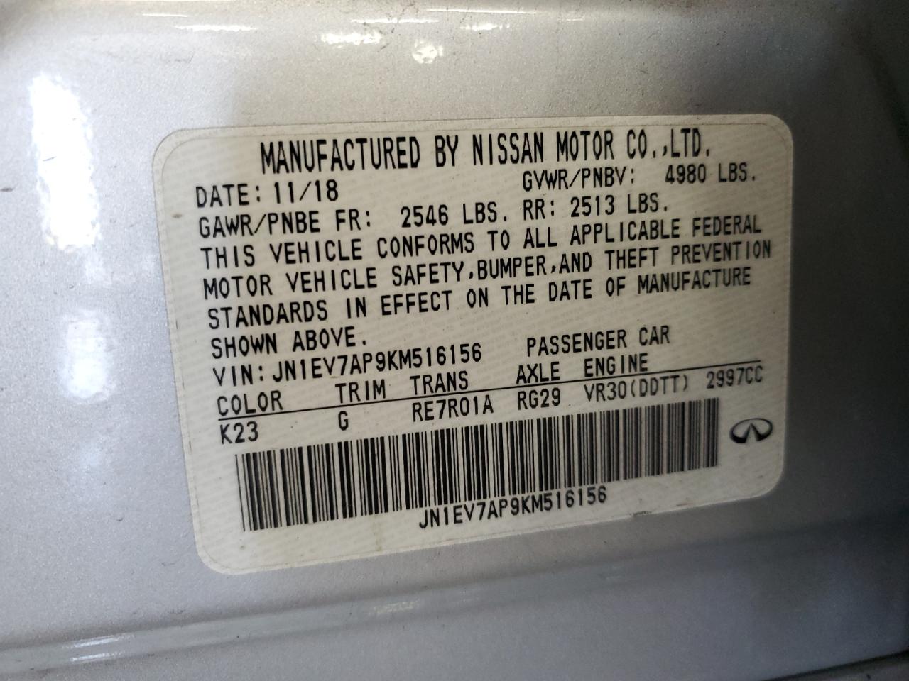 2019 Infiniti Q50 Luxe VIN: JN1EV7AP9KM516156 Lot: 80394175