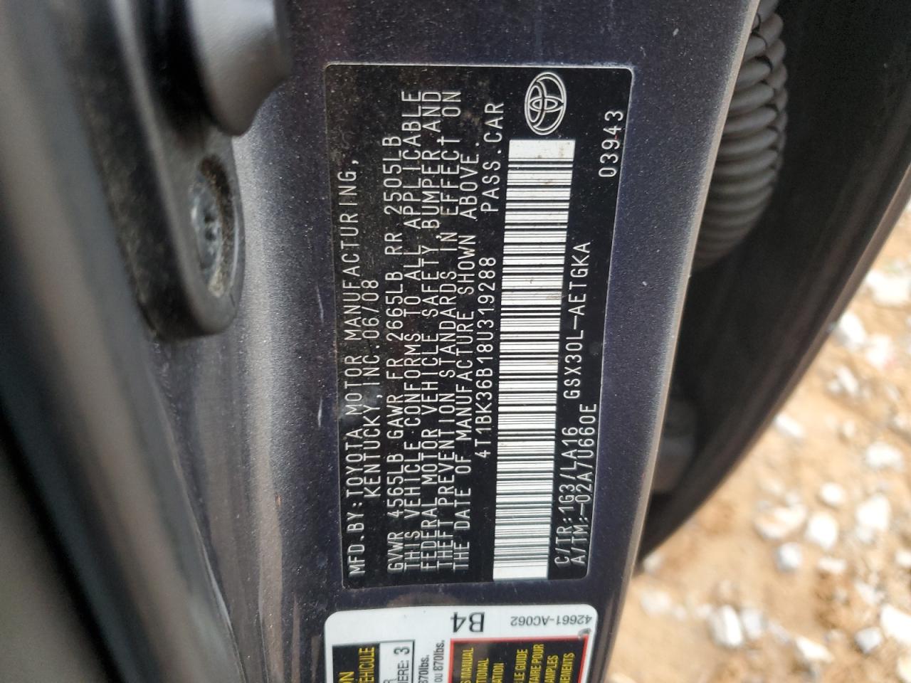 2008 Toyota Avalon Xl VIN: 4T1BK36B18U319288 Lot: 83975465