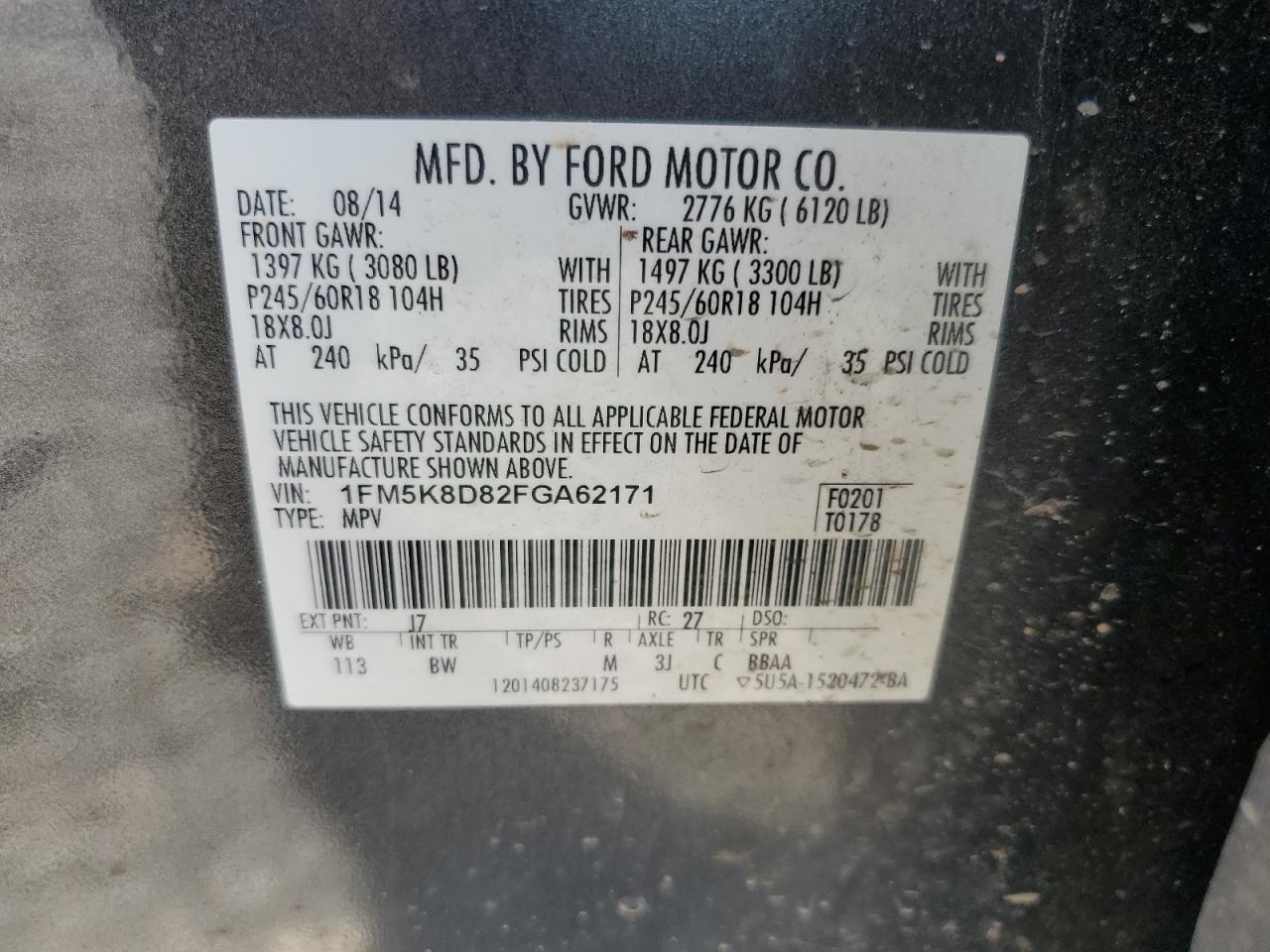 2015 Ford Explorer Xlt VIN: 1FM5K8D82FGA62171 Lot: 82112595