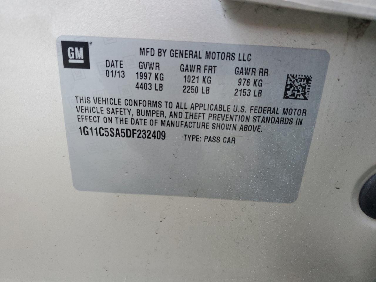 2013 Chevrolet Malibu 1Lt VIN: 1G11C5SA5DF232409 Lot: 81830055