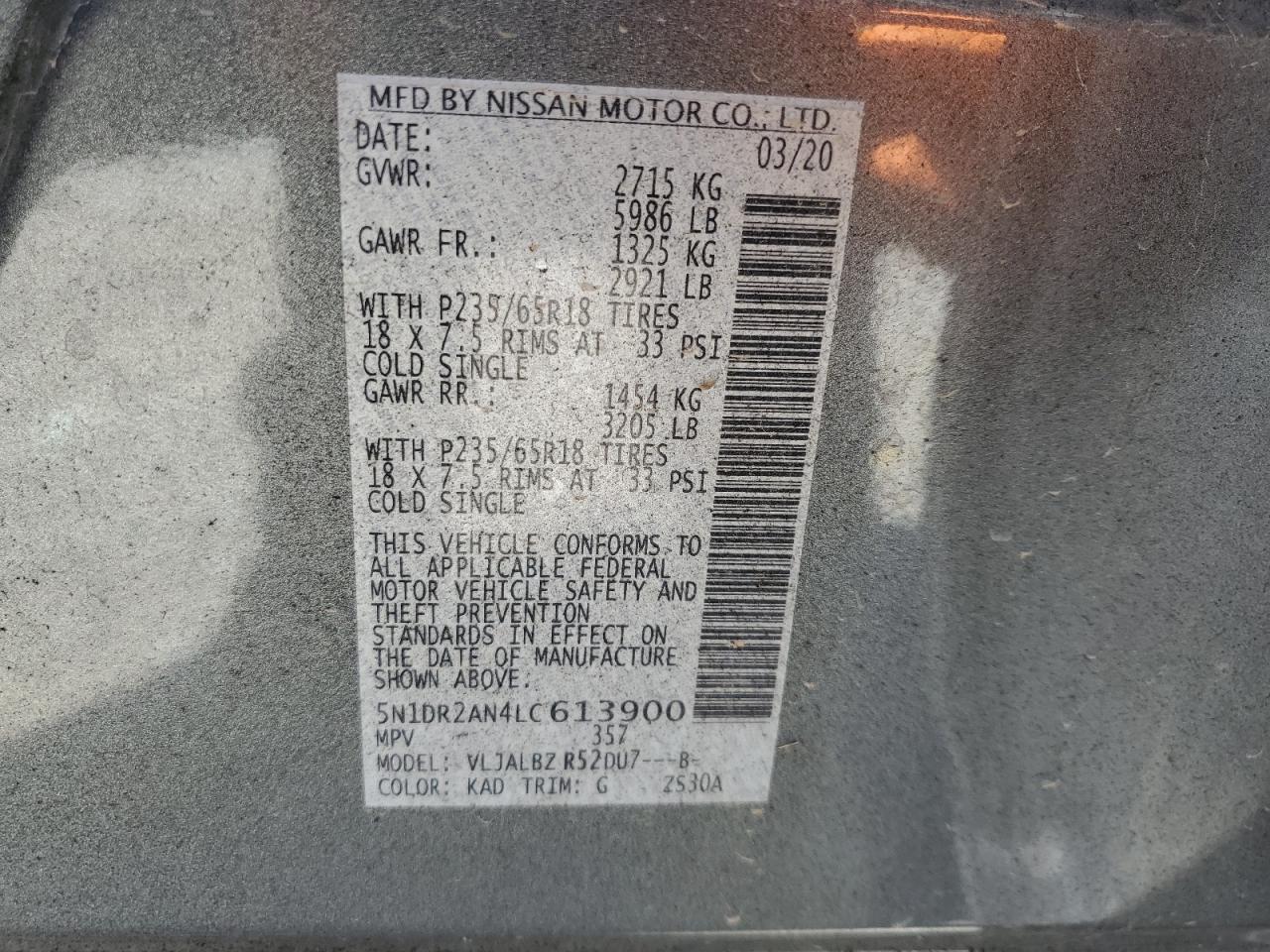 2020 Nissan Pathfinder S VIN: 5N1DR2AN4LC613900 Lot: 71564205