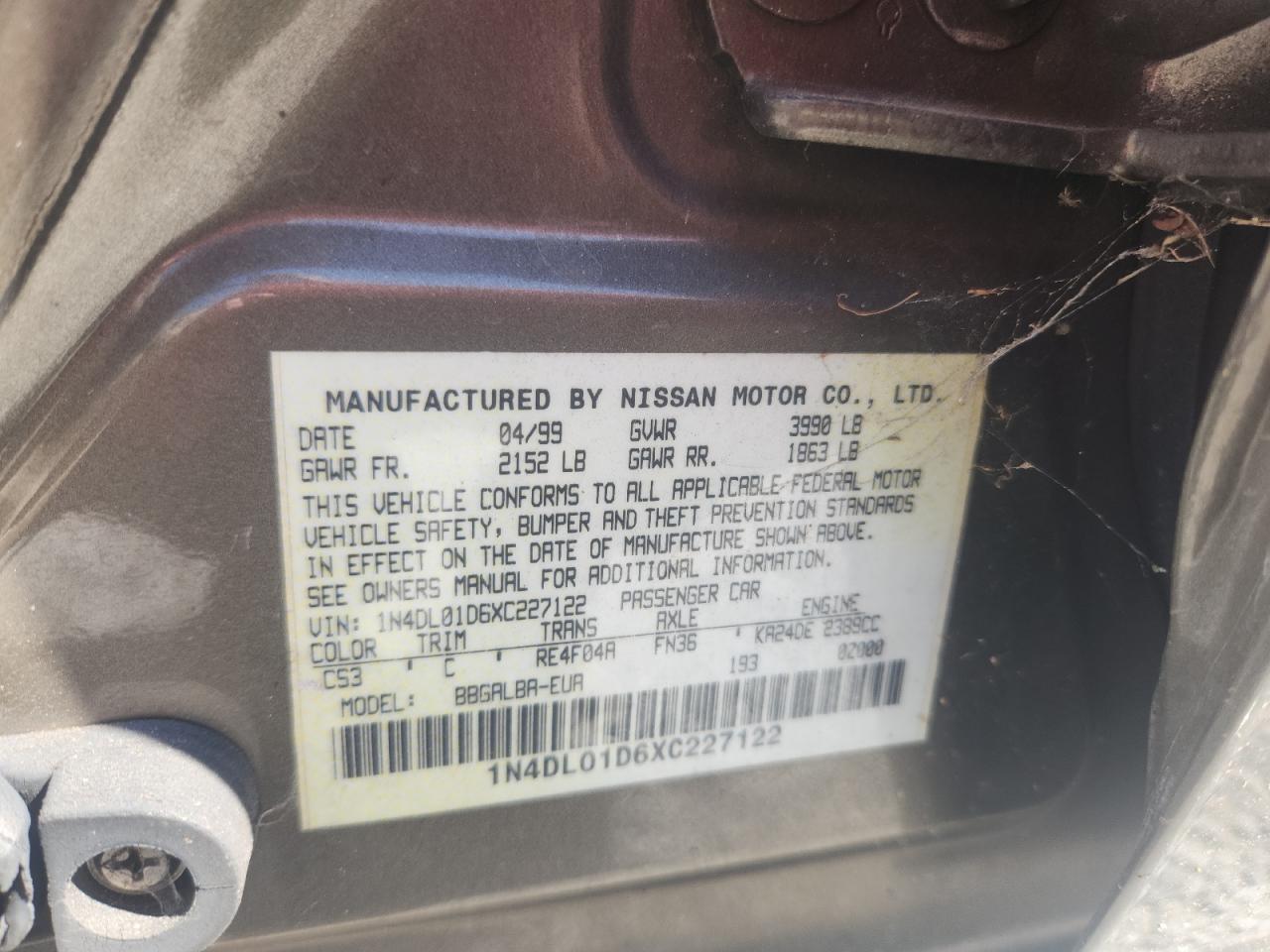 1999 Nissan Altima Xe VIN: 1N4DL01D6XC227122 Lot: 70018275