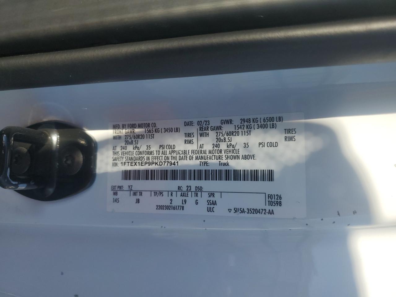 2023 Ford F150 Super Cab VIN: 1FTEX1EP9PKD77941 Lot: 84584485