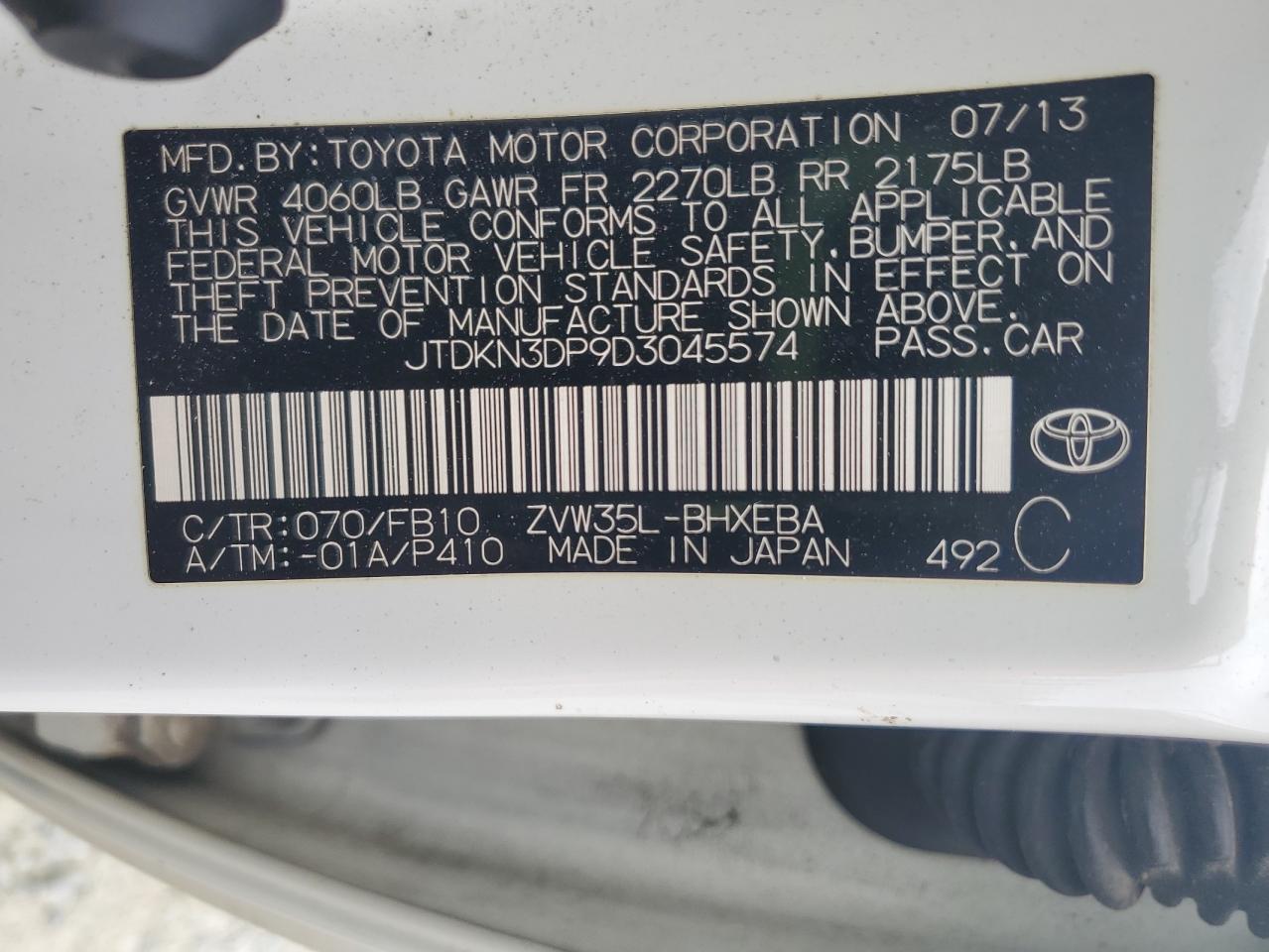 2013 Toyota Prius Plug-In VIN: JTDKN3DP9D3045574 Lot: 80838485