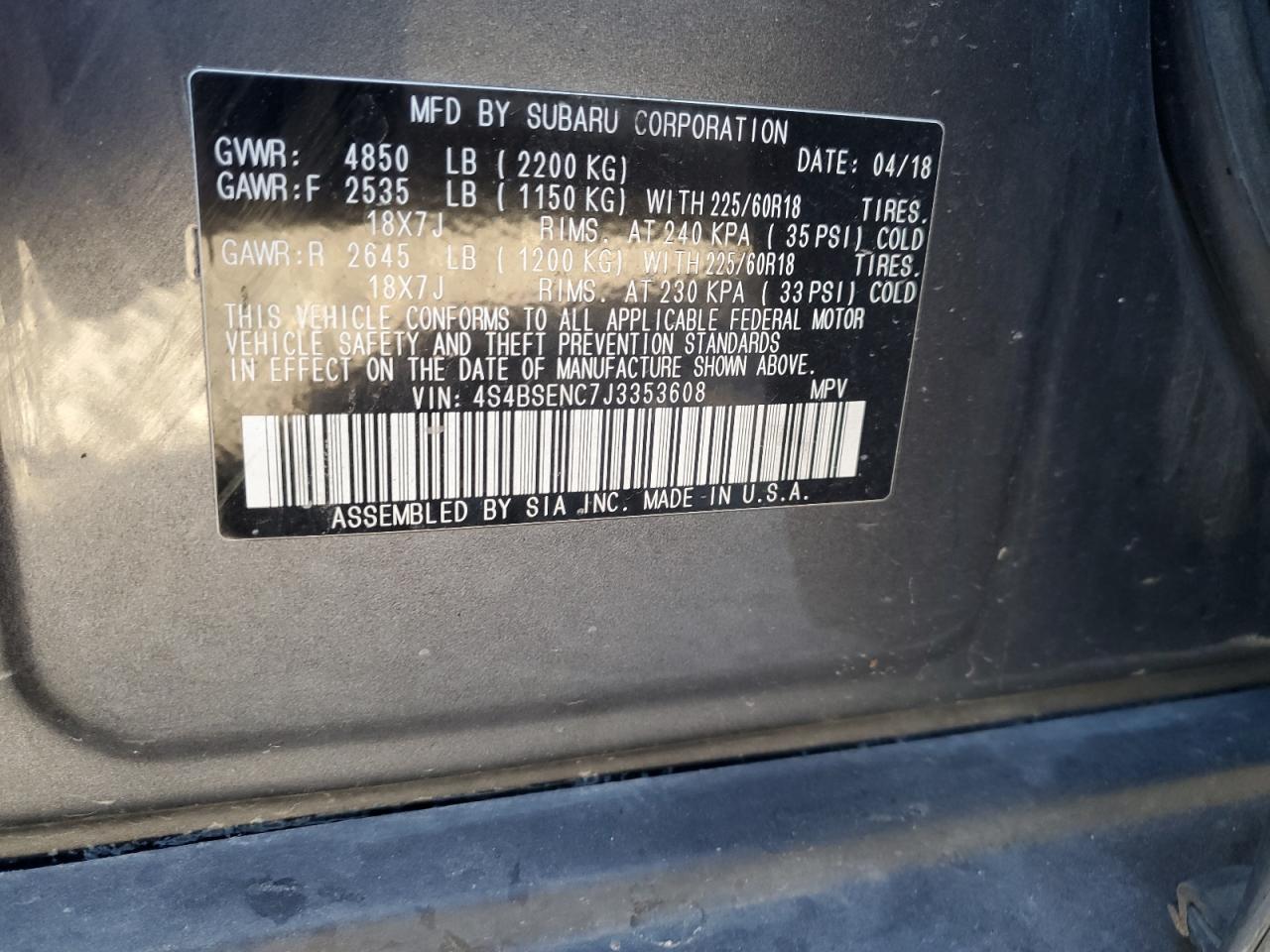 2018 Subaru Outback 3.6R Limited VIN: 4S4BSENC7J3353608 Lot: 84018485