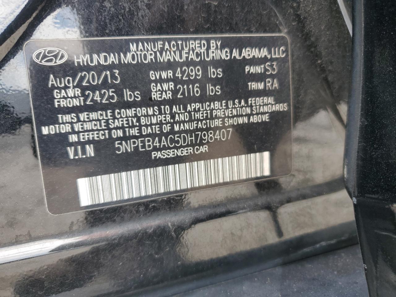 2013 Hyundai Sonata Gls VIN: 5NPEB4AC5DH798407 Lot: 71415865