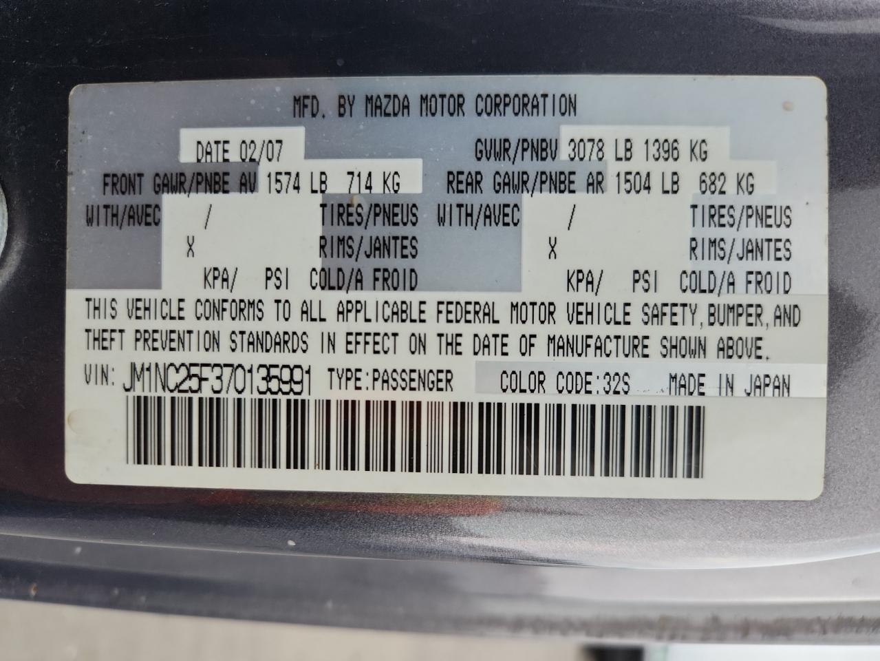 2007 Mazda Mx-5 Miata VIN: JM1NC25F370135991 Lot: 71210095