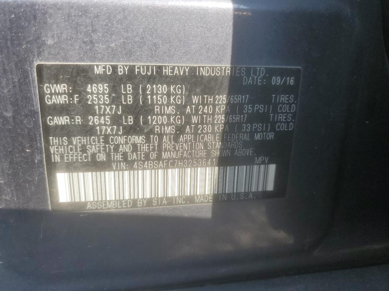 2017 Subaru Outback 2.5I Premium VIN: 4S4BSAFC7H3253641 Lot: 80630755