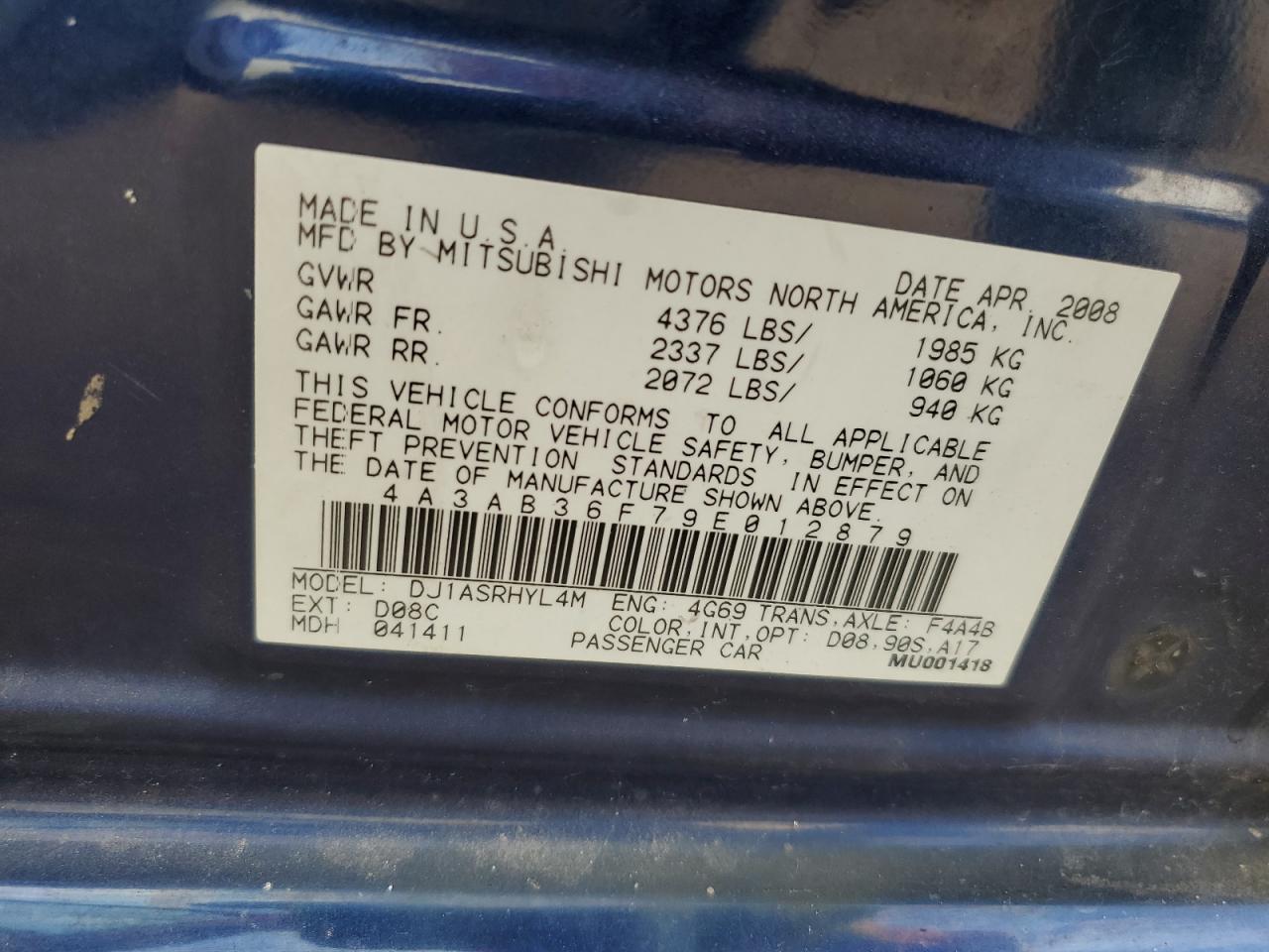 2009 Mitsubishi Galant Es VIN: 4A3AB36F79E012879 Lot: 81766935