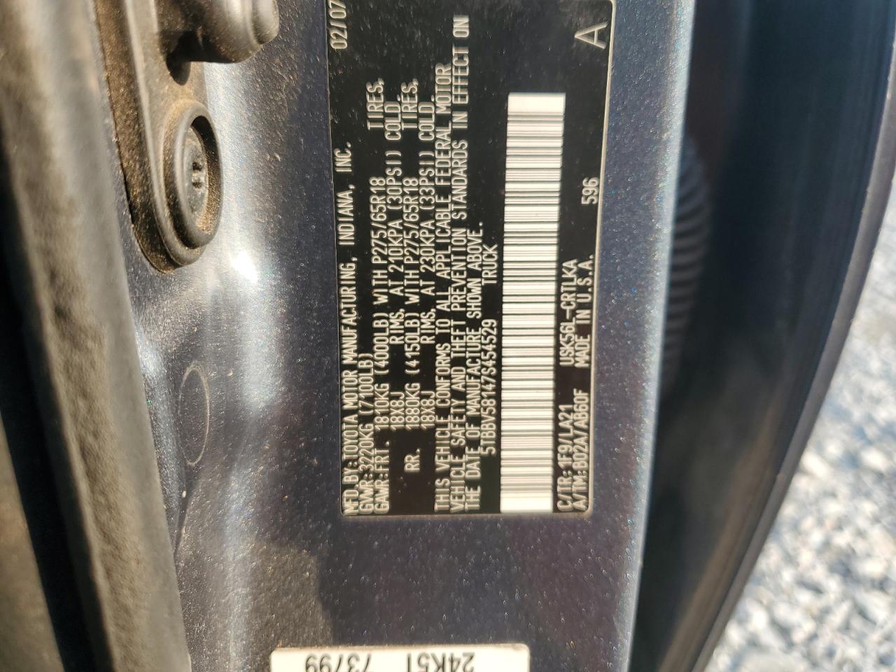 2007 Toyota Tundra Double Cab Limited VIN: 5TBBV58147S454529 Lot: 81200615