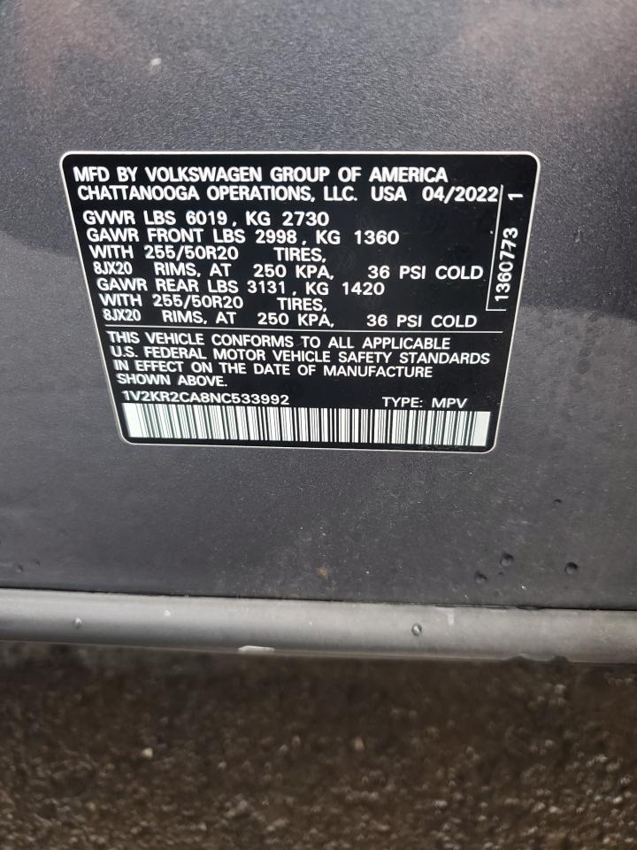 2022 Volkswagen Atlas Se VIN: 1V2KR2CA8NC533992 Lot: 83814305