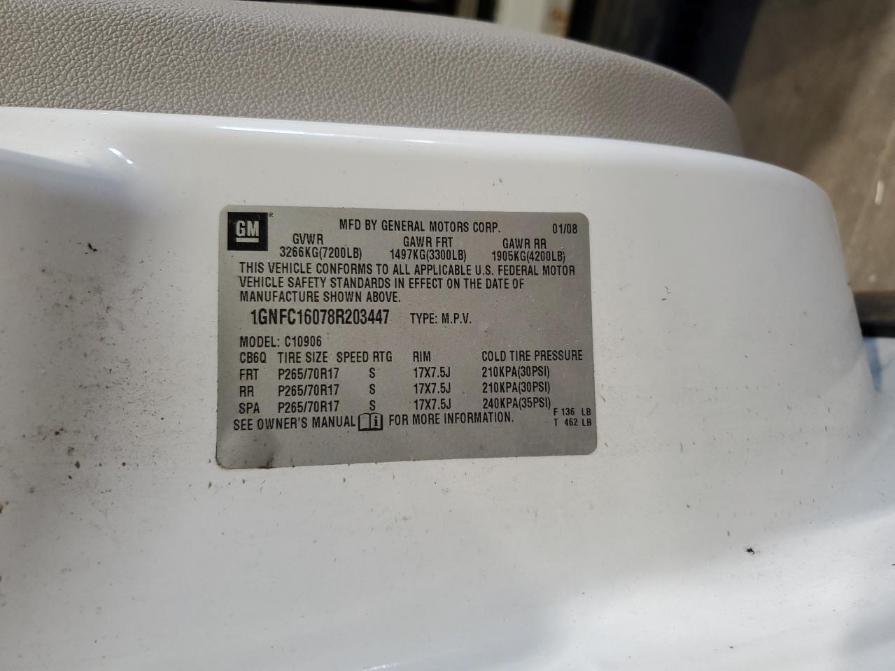 2008 Chevrolet Suburban C1500 Ls VIN: 1GNFC16078R203447 Lot: 81160315