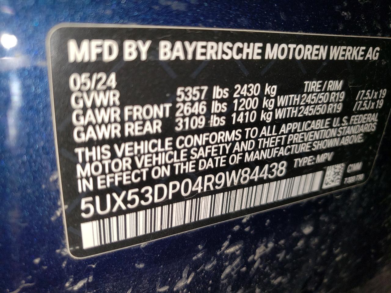 2024 BMW X3 xDrive30I VIN: 5UX53DP04R9W84438 Lot: 68561235