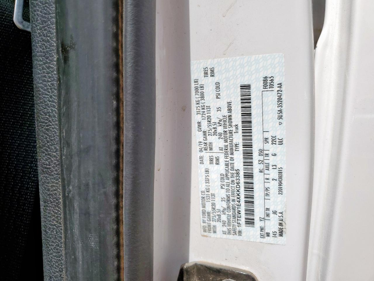 2019 Ford F150 Supercrew VIN: 1FTEW1E4XKKD63385 Lot: 81702215