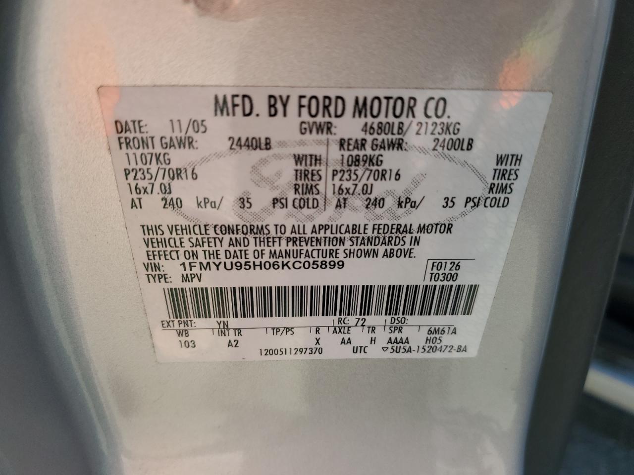 2006 Ford Escape Hev VIN: 1FMYU95H06KC05899 Lot: 83831745