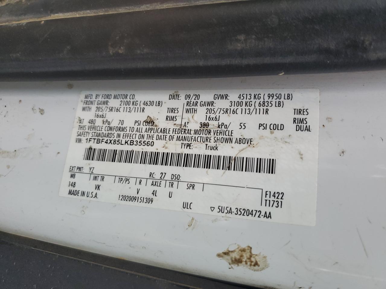 2020 Ford Transit T-350 Hd VIN: 1FTBF4X85LKB35560 Lot: 80090975