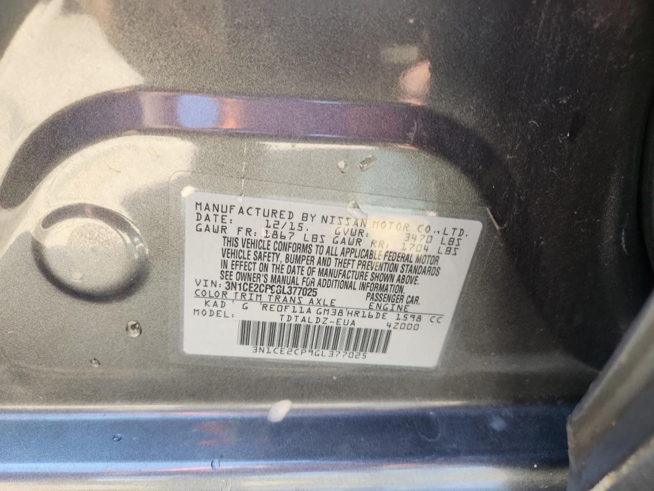 2016 Nissan Versa Note S VIN: 3N1CE2CP9GL377025 Lot: 84431885