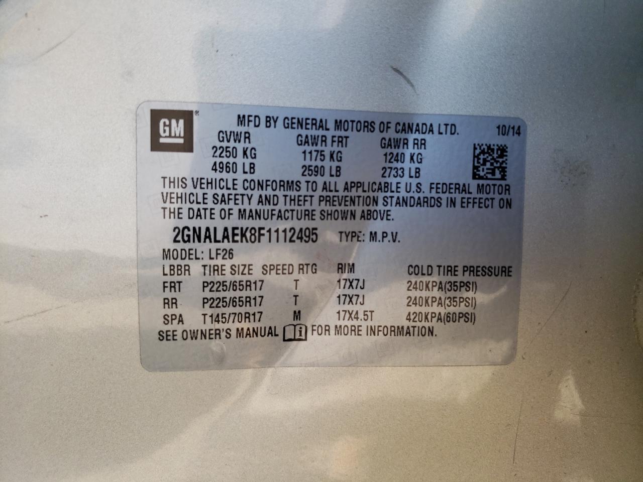 2015 Chevrolet Equinox Ls VIN: 2GNALAEK8F1112495 Lot: 83957495