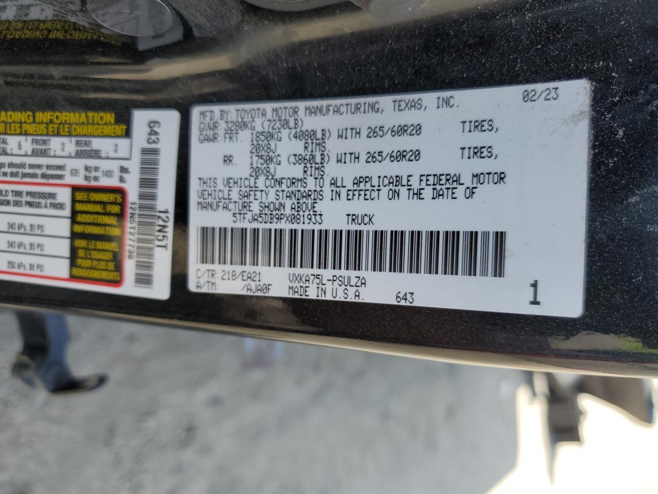 2023 Toyota Tundra Crewmax Limited VIN: 5TFJA5DB9PX081933 Lot: 71970255