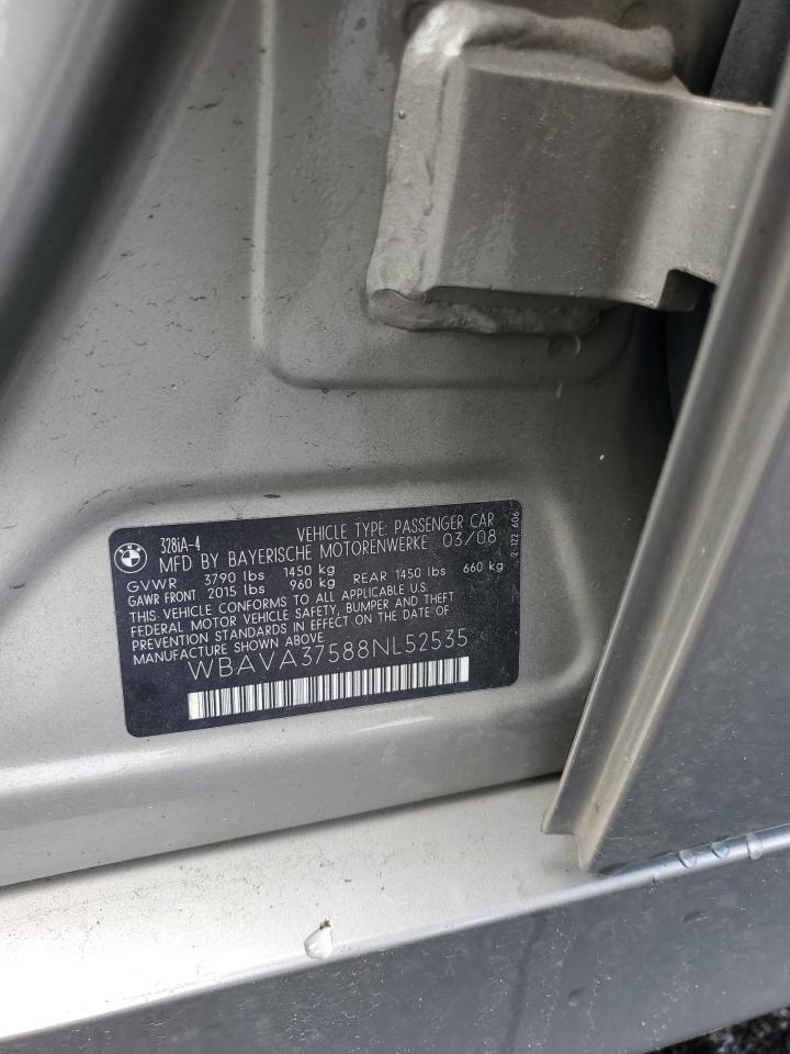 2008 BMW 328 I VIN: WBAVA37588NL52535 Lot: 84052295