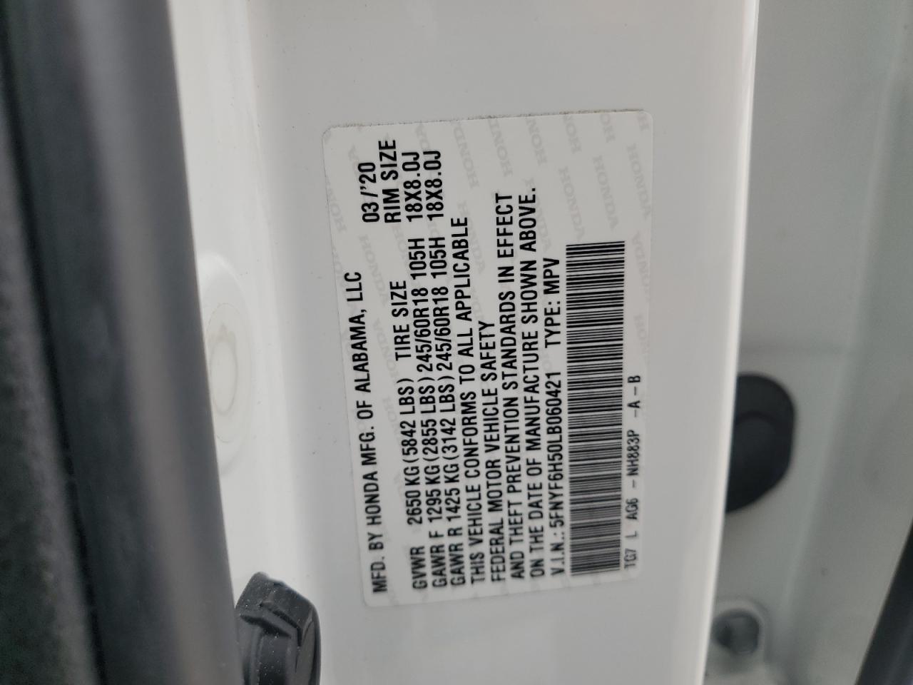 2020 Honda Pilot Exl VIN: 5FNYF6H50LB060421 Lot: 80111525