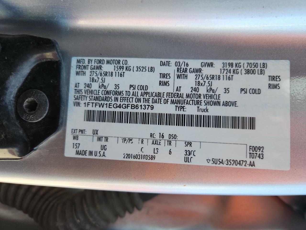 2016 Ford F150 Supercrew VIN: 1FTFW1EG4GFB61379 Lot: 82068675