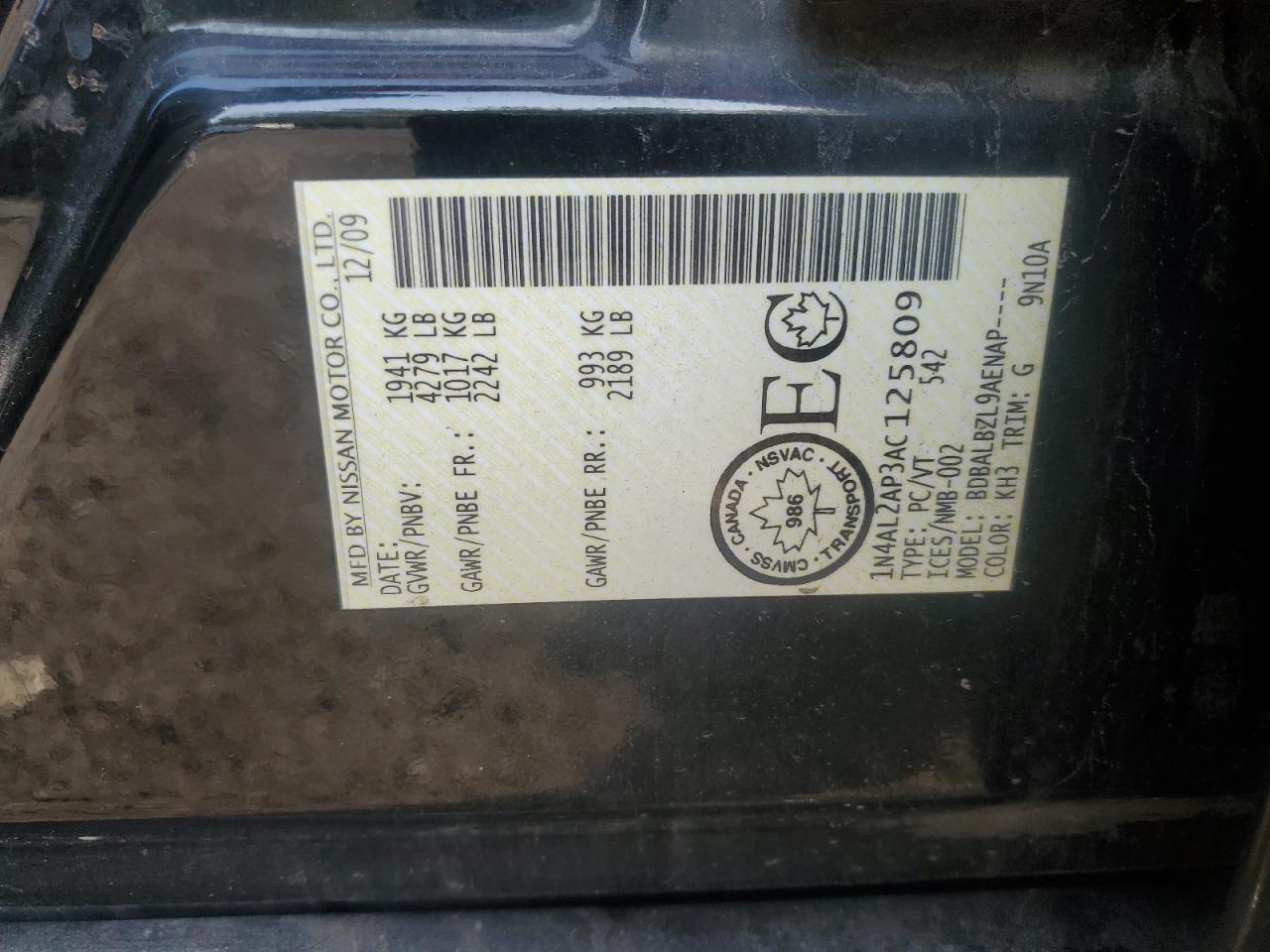 2010 Nissan Altima Base VIN: 1N4AL2AP3AC125809 Lot: 83777005