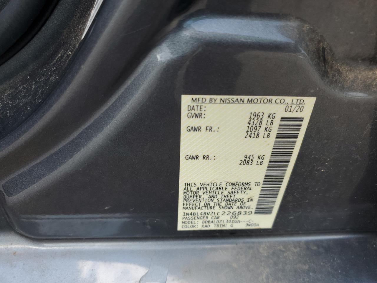 2020 Nissan Altima S VIN: 1N4BL4BV2LC226839 Lot: 81262845