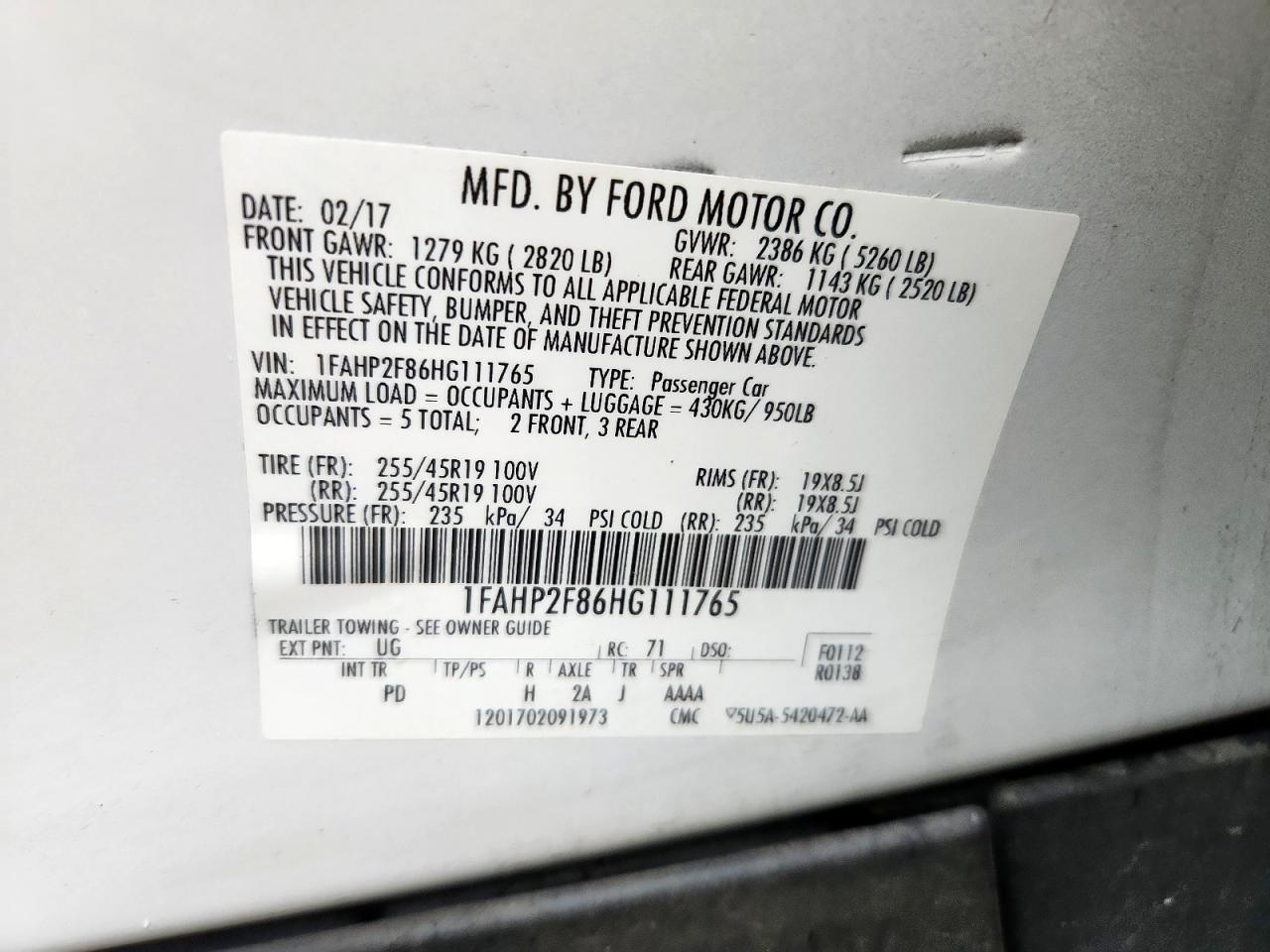 2017 Ford Taurus Limited VIN: 1FAHP2F86HG111765 Lot: 83819065