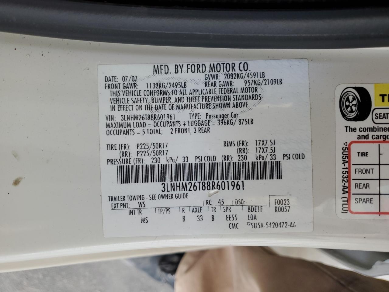 2008 Lincoln Mkz VIN: 3LNHM26T88R601961 Lot: 81628235