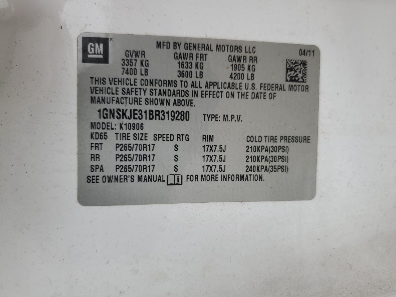 2011 Chevrolet Suburban K1500 Lt VIN: 1GNSKJE31BR319280 Lot: 81043025