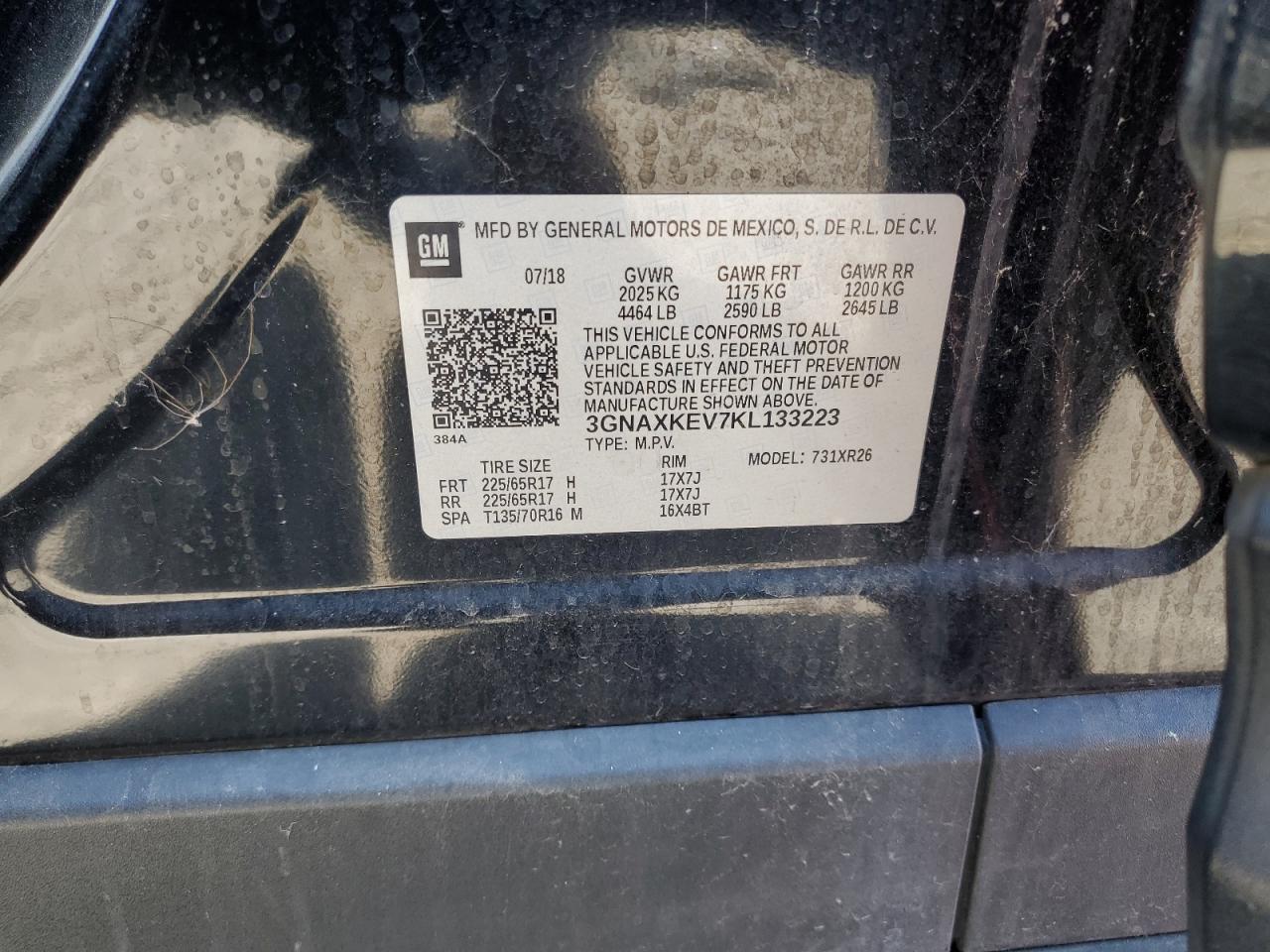 2019 Chevrolet Equinox Lt VIN: 3GNAXKEV7KL133223 Lot: 80708395