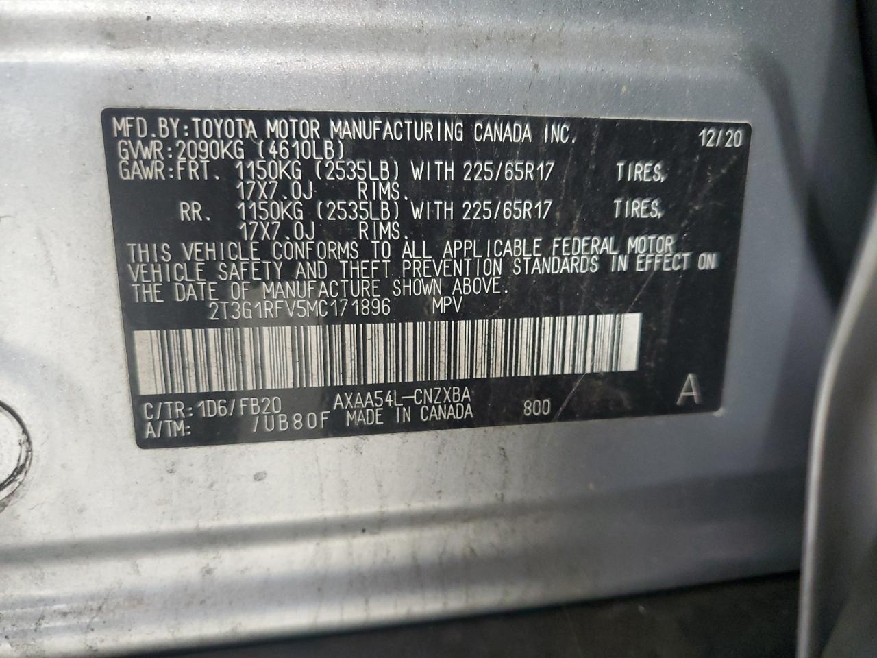 2021 Toyota Rav4 Le VIN: 2T3G1RFV5MC171896 Lot: 80663695