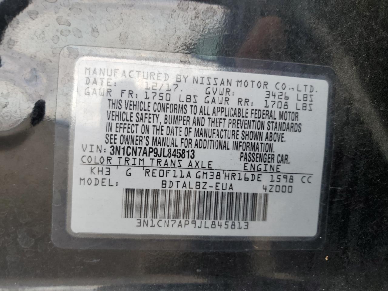 2018 Nissan Versa S VIN: 3N1CN7AP9JL845813 Lot: 81507355