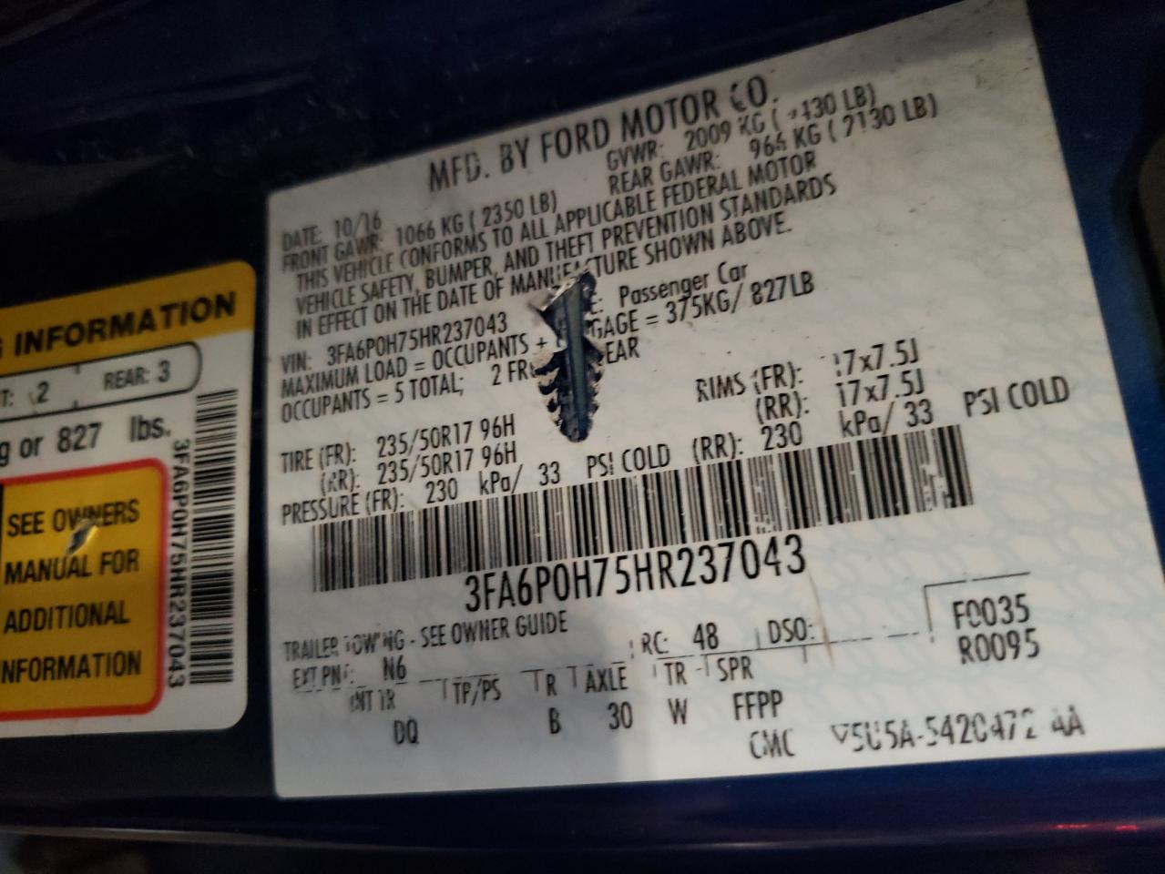 2017 Ford Fusion Se VIN: 3FA6P0H75HR237043 Lot: 81628925