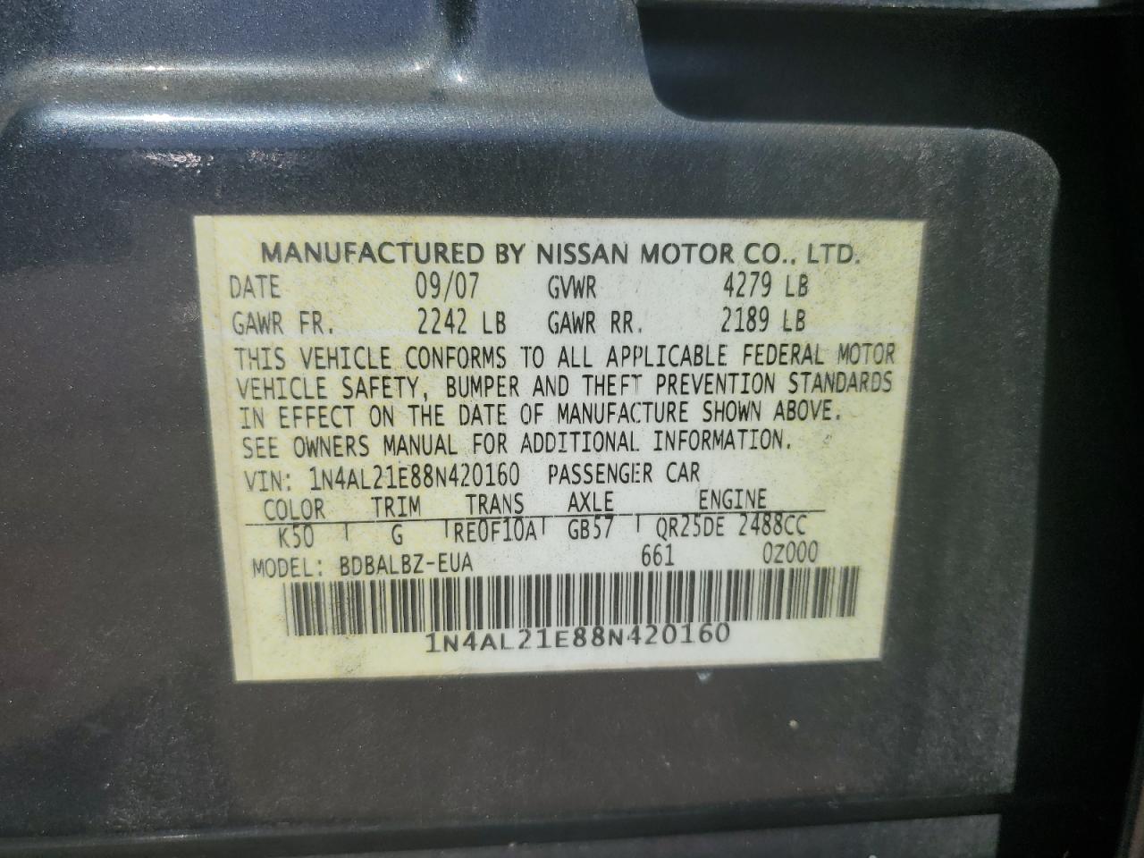 2008 Nissan Altima VIN: 1N4AL21E88N420160 Lot: 81712655