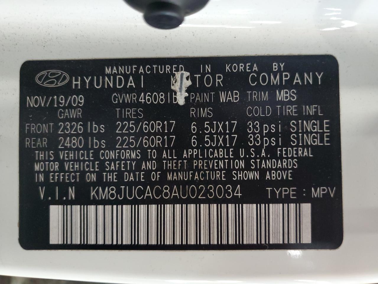 2010 Hyundai Tucson Gls VIN: KM8JUCAC8AU023034 Lot: 84245775