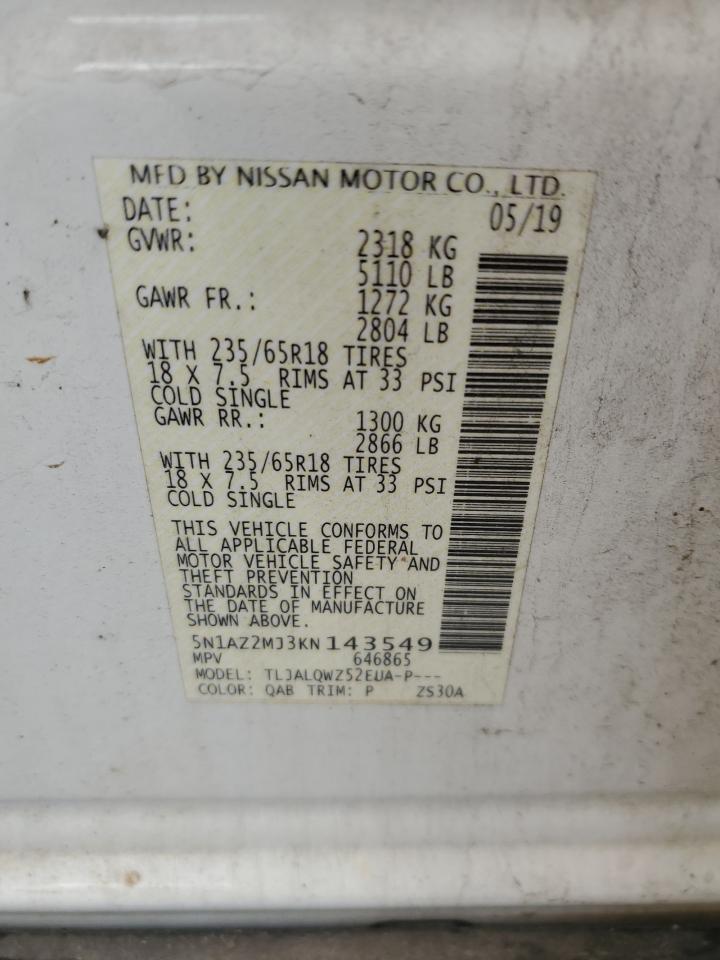 2019 Nissan Murano S VIN: 5N1AZ2MJ3KN143549 Lot: 80734365