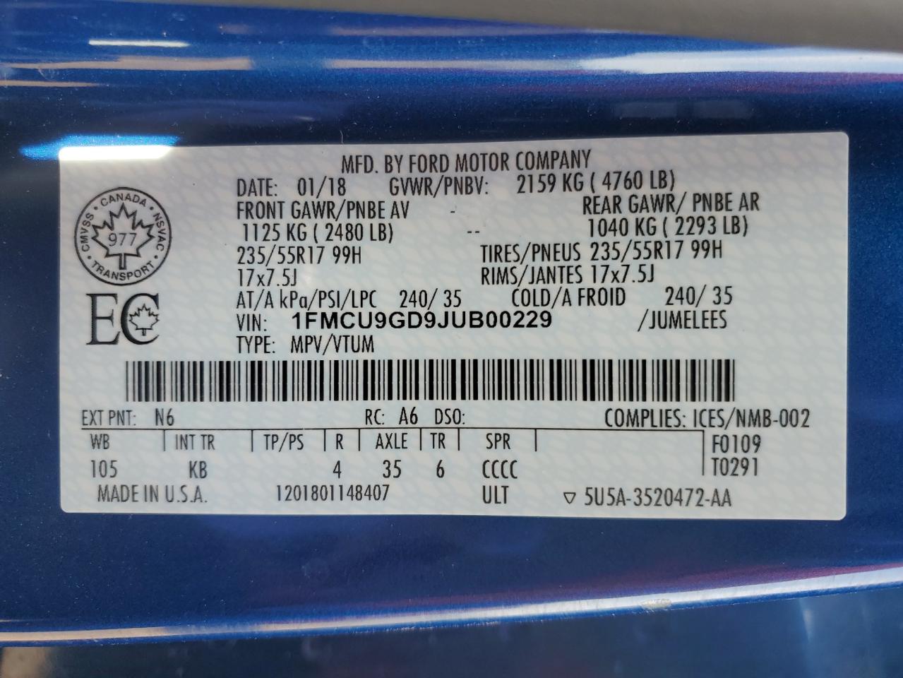 2018 Ford Escape Se VIN: 1FMCU9GD9JUB00229 Lot: 84217525