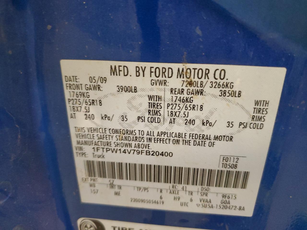 2009 Ford F150 Supercrew VIN: 1FTPW14V79FB20400 Lot: 83959895